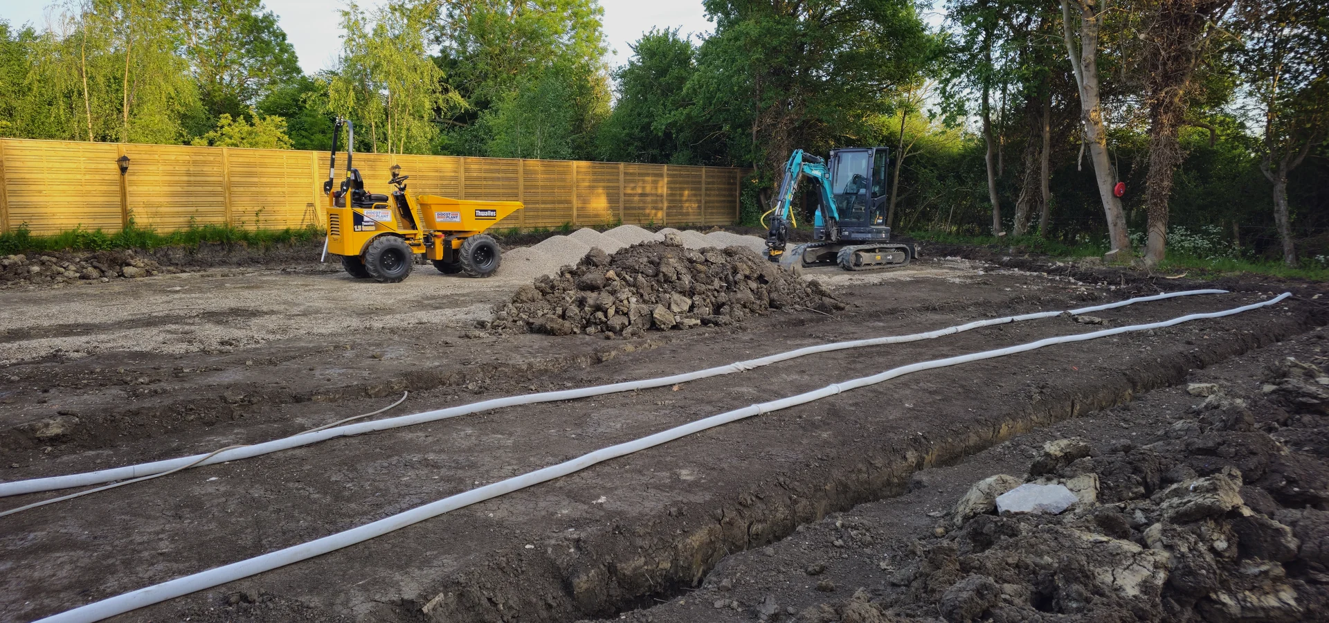 Drainage trenches and soil improvement works in heavy clay ground